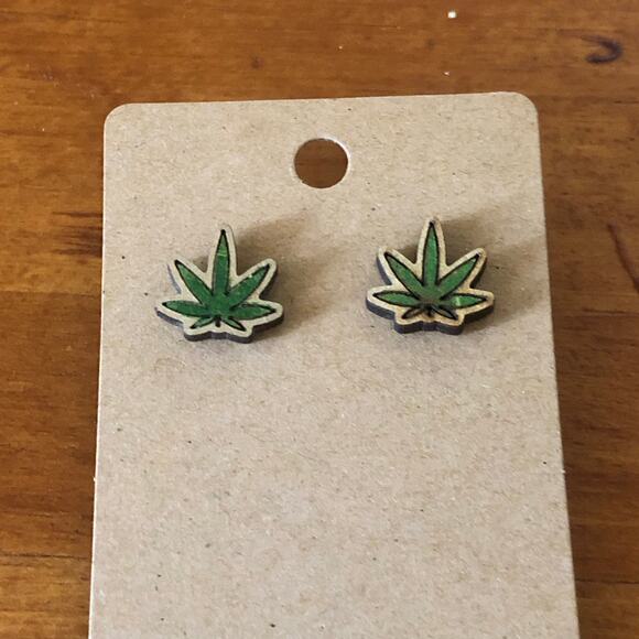 Hand Painted Green Plant Stud Earrings Hypoallergenic Lightweight Posts - Picture 3 of 5